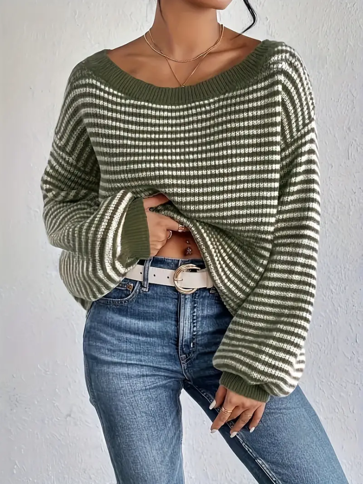 Pull en tricot femme – Vert olive avec épaules tombantes chic et décontracté