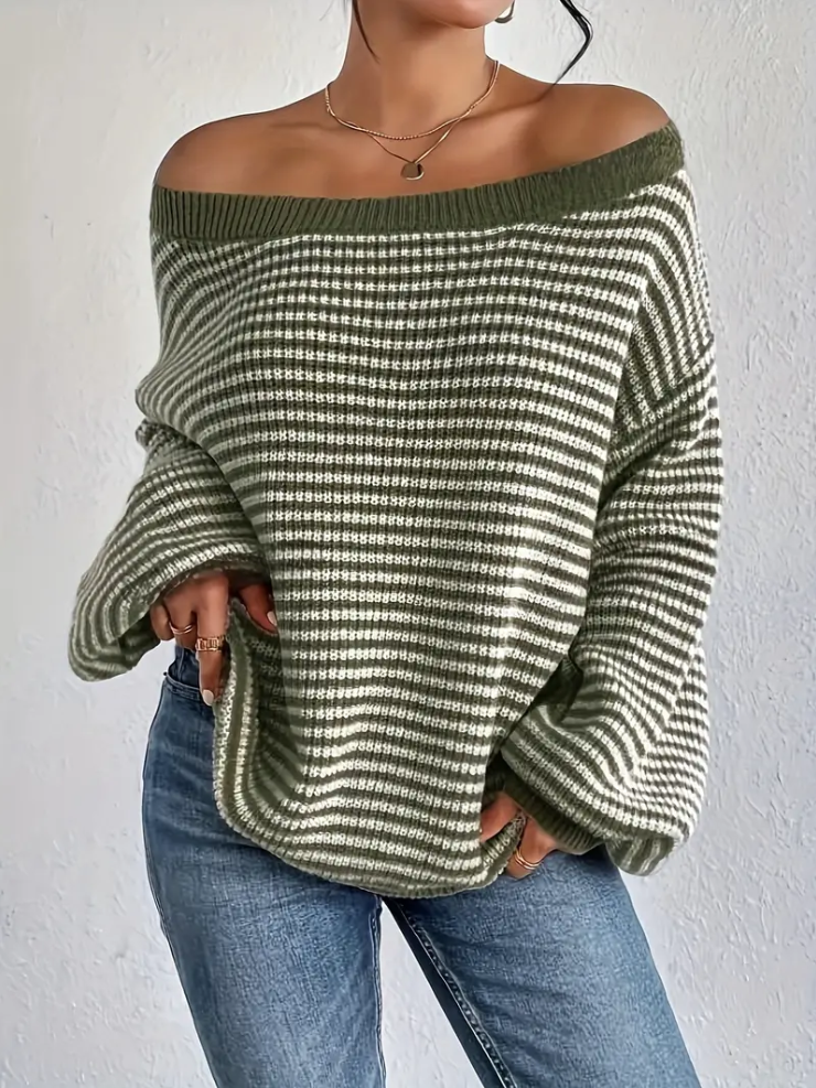 Pull en tricot femme – Vert olive avec épaules tombantes chic et décontracté