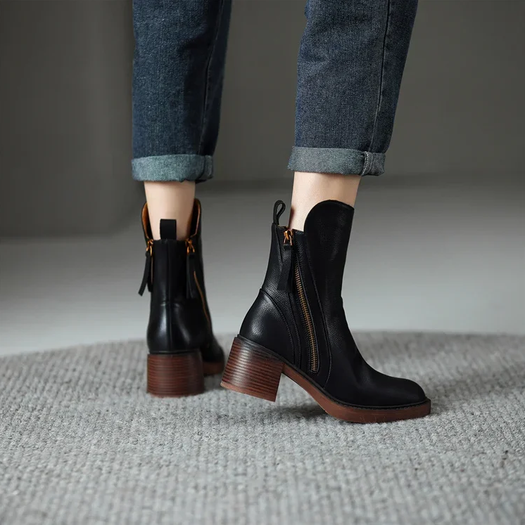 Bottines cuir véritable femme – Élégantes bottines à talon bloc confortables