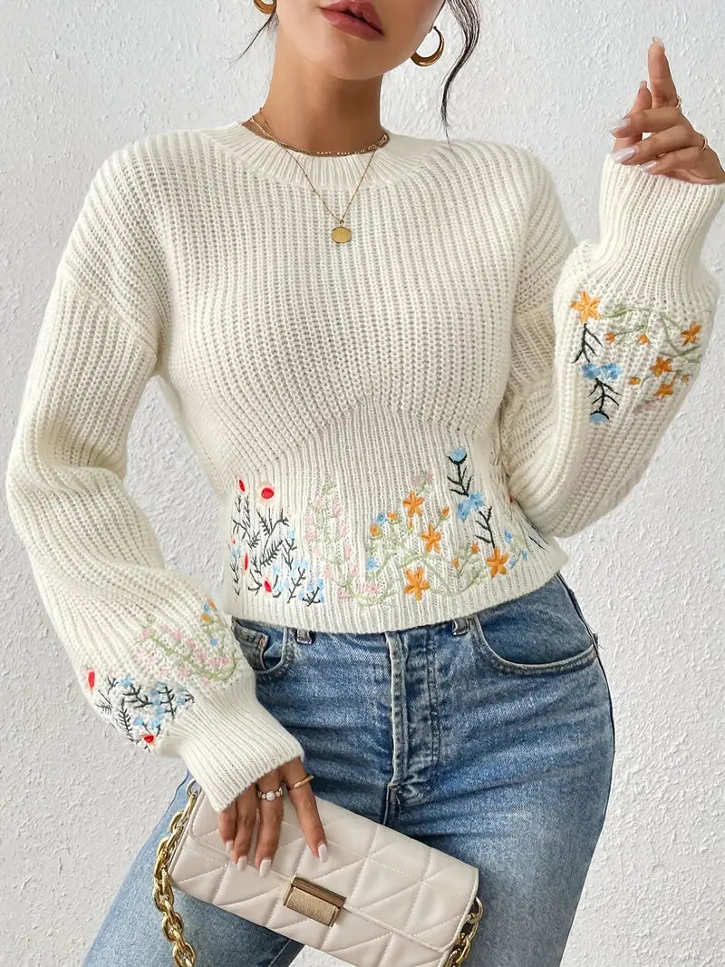 Pull en tricot femme – Pull floral brodé élégant et confortable