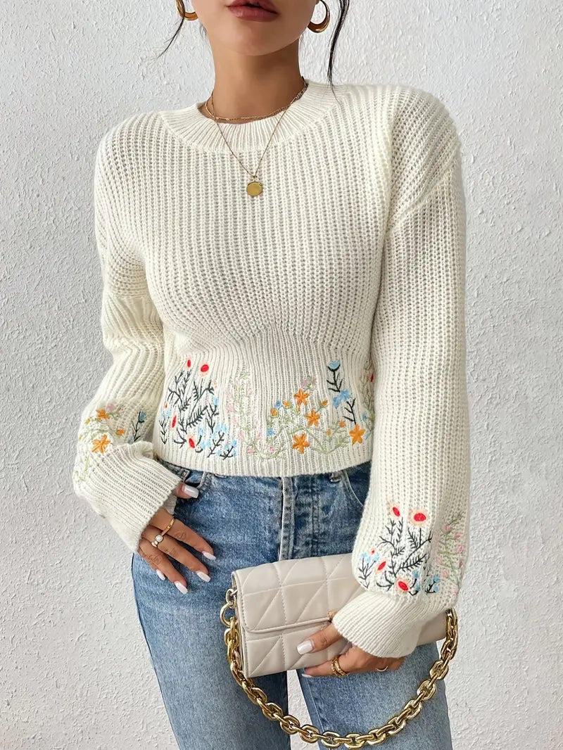 Pull en tricot femme – Pull floral brodé élégant et confortable