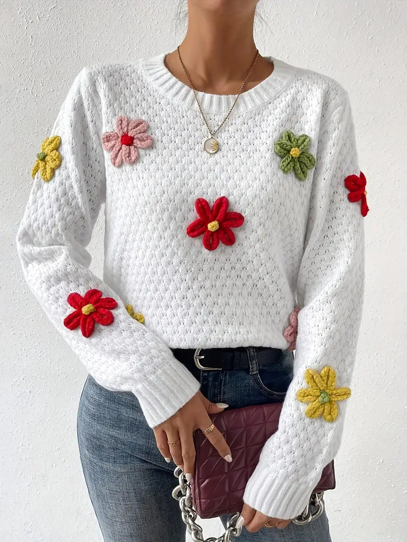 Pull en tricot femme – Pull floral brodé 3D élégant et tendance