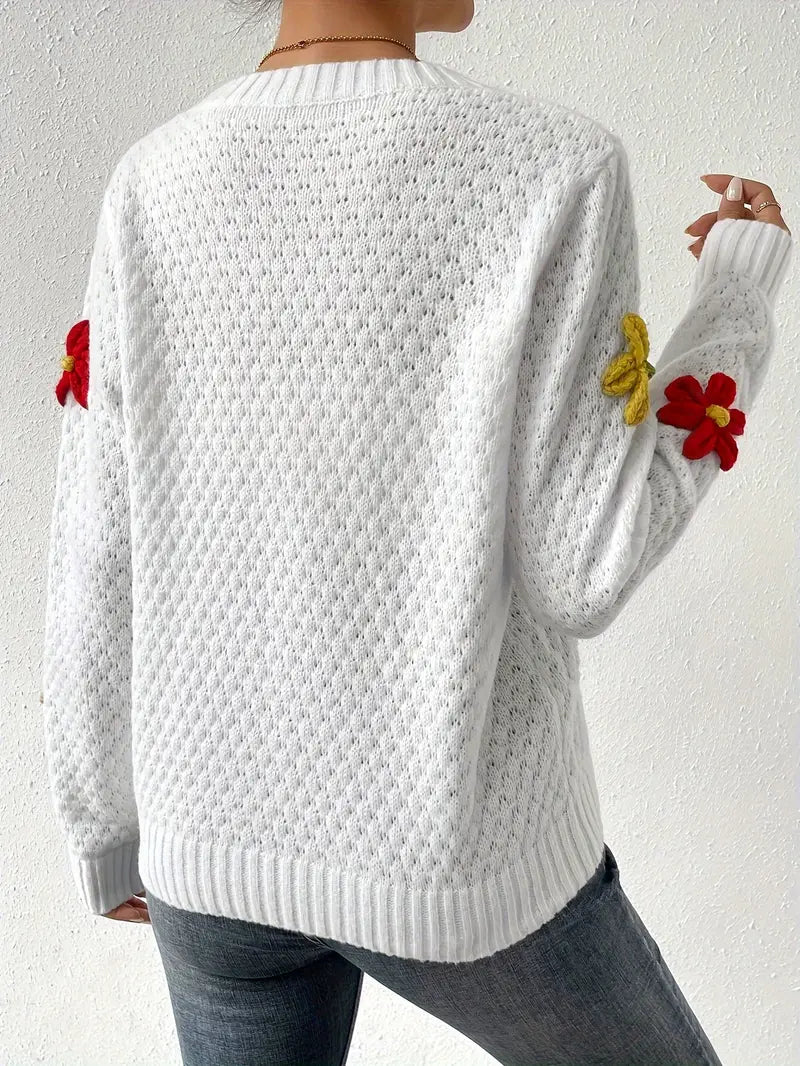 Pull en tricot femme – Pull floral brodé 3D élégant et tendance