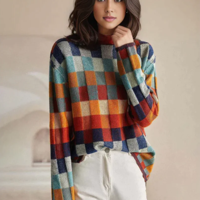 Pull à carreaux femme – Pull en laine doux et tendance à manches longues